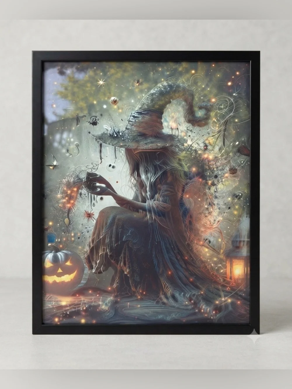 Enchanted Autumn Witch with Pumpkin Glow Framed 8x10” print
